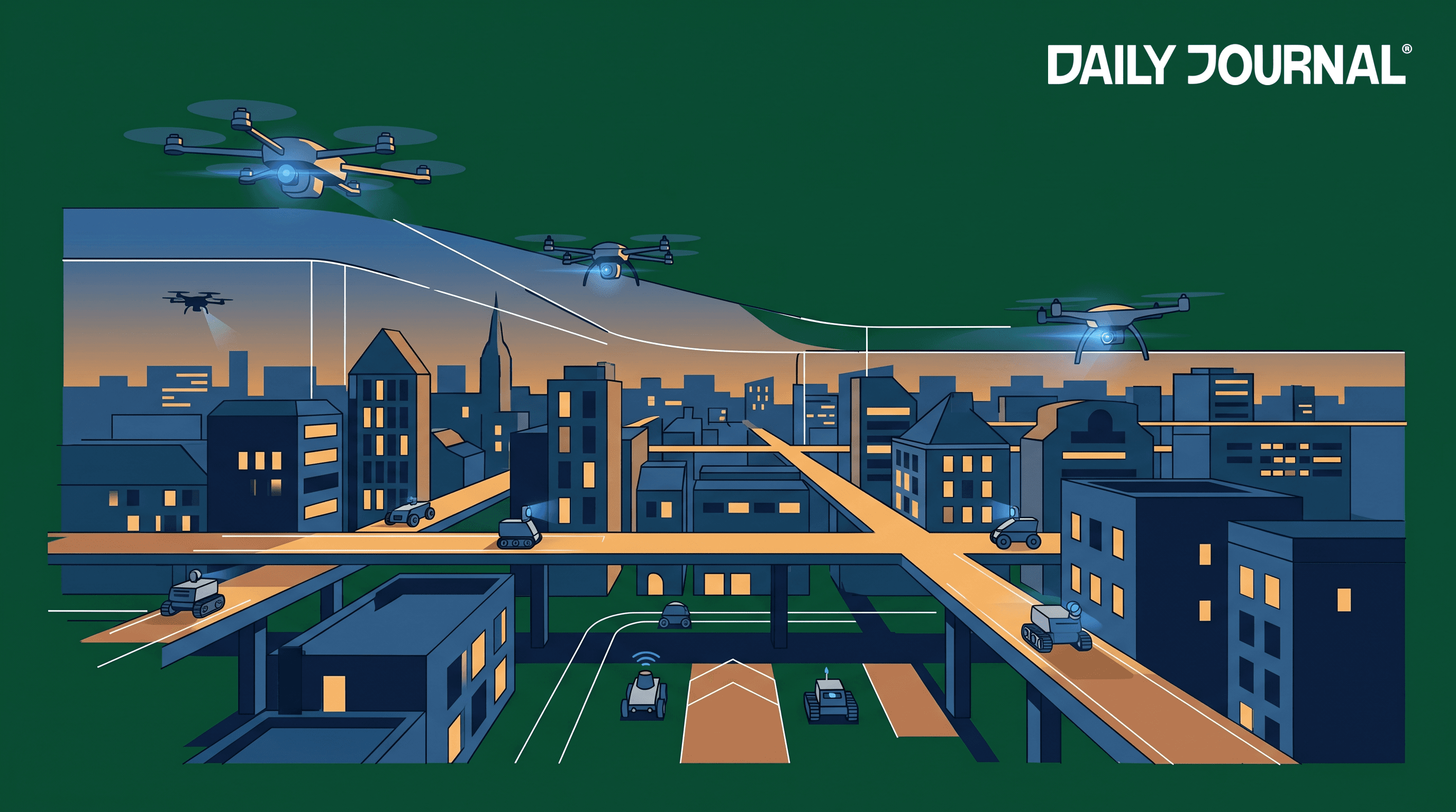 Drones e robôs sobre uma cidade, representando o policiamento tridimensional descrito pela Europol