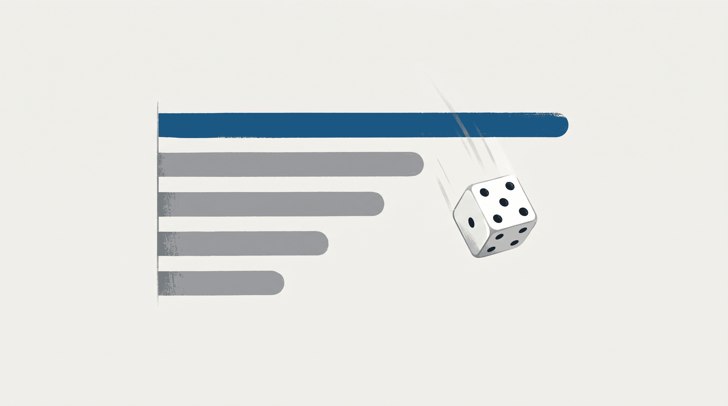 Gráfico de barras de probabilidade com a barra do topo vencendo e um dado caindo, representando como o modelo sorteia a próxima palavra